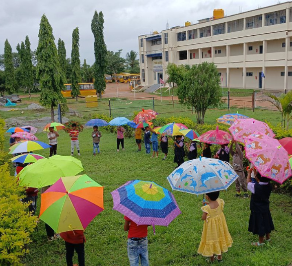 Students with colorful umbrellas